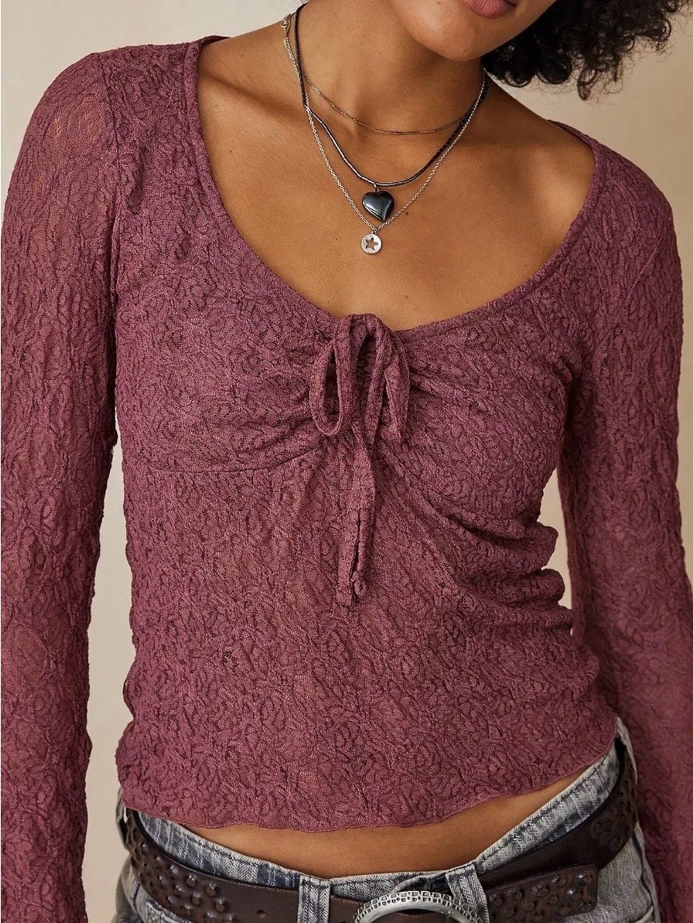Kimchi Blue Mauve Lace Tie-Front Long Sleeve Top